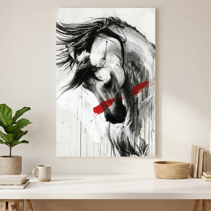 White Horse Black Ink Red Slash canvas wall art print styled in a modern interior