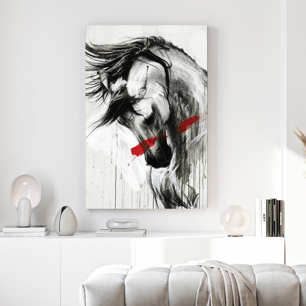 White Horse Black Ink Red Slash canvas wall art print above a sofa in a contemporary living room