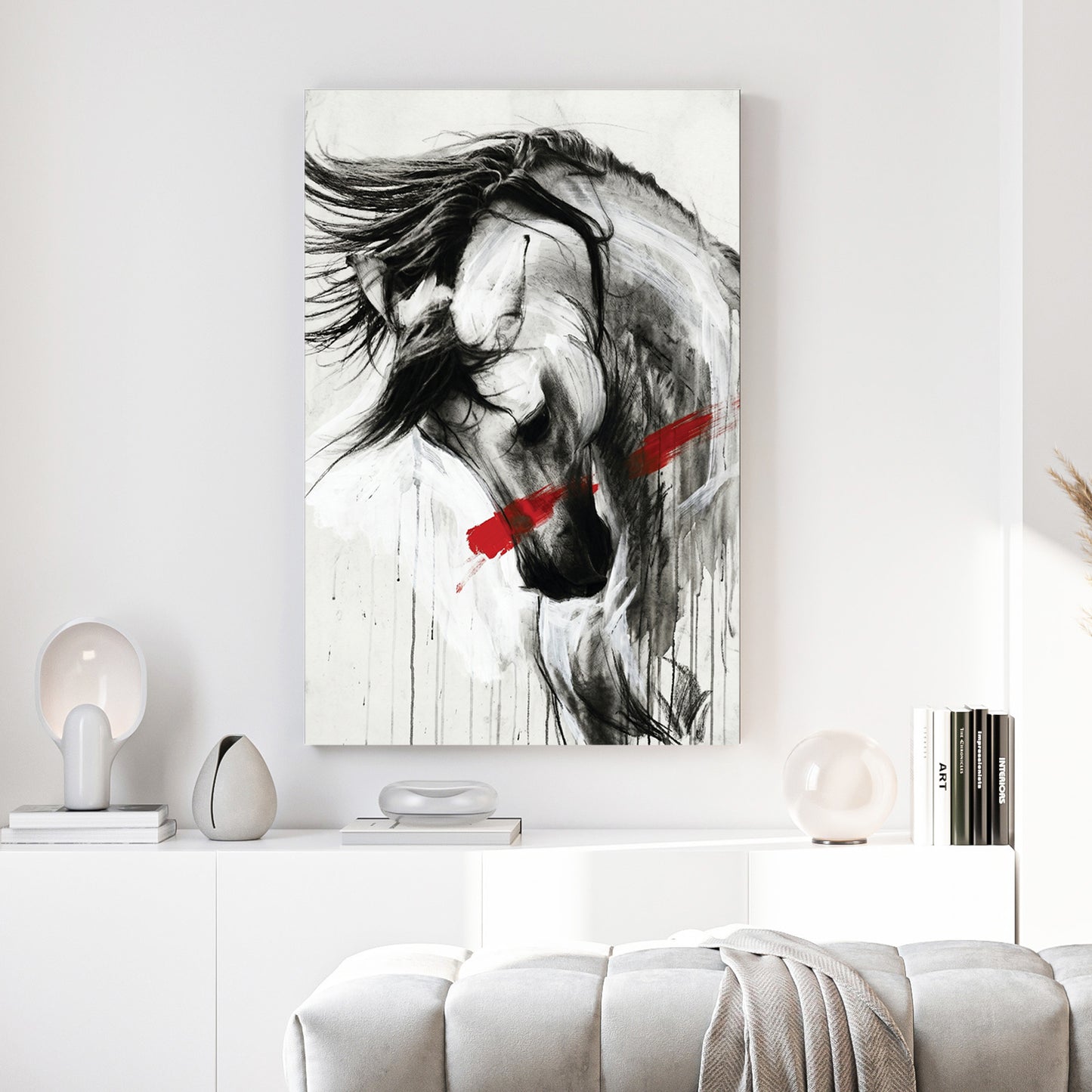 White Horse Black Ink Red Slash canvas wall art print above a sofa in a contemporary living room