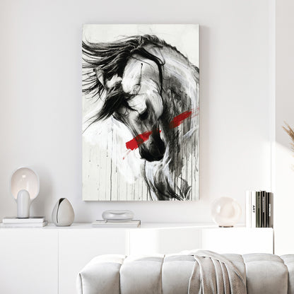 White Horse Black Ink Red Slash canvas wall art print above a sofa in a contemporary living room