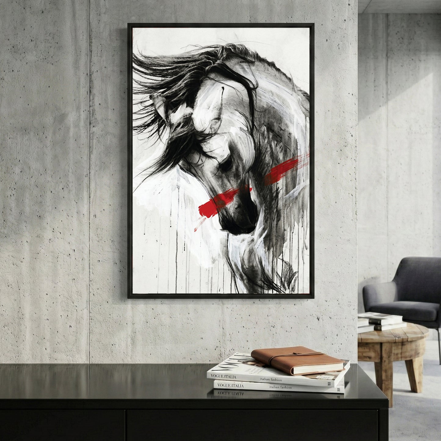 White Horse Black Ink Red Slash framed canvas wall art print in a gallery-style display