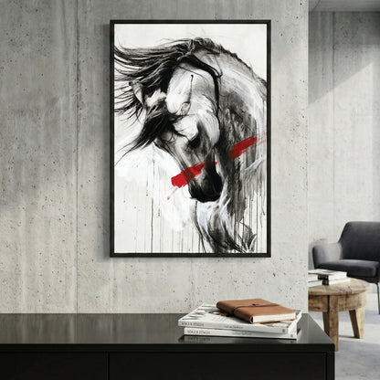 White Horse Black Ink Red Slash framed canvas wall art print in a gallery-style display