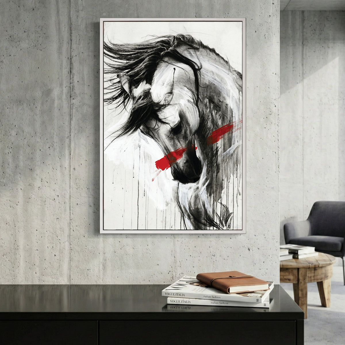 White Horse Black Ink Red Slash canvas wall art print displayed in a styled living room