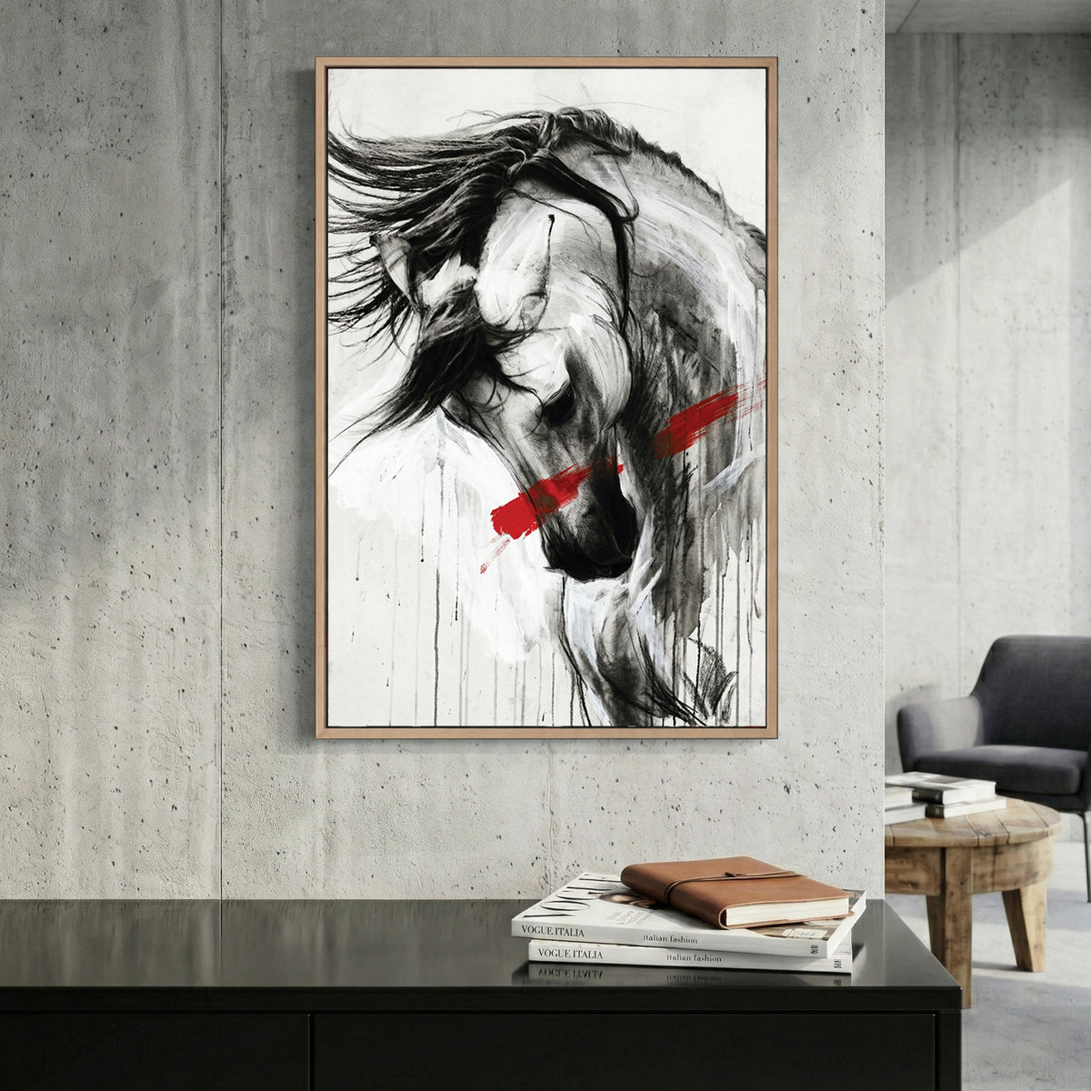 White Horse Black Ink Red Slash canvas wall art print displayed in a styled living room