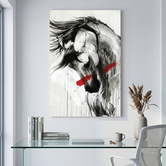 White Horse Black Ink Red Slash canvas wall art print displayed in a styled living room