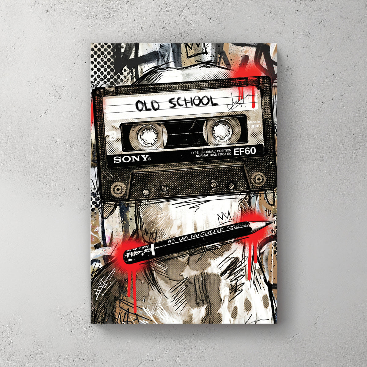 Sony EF60 cassette tape; "Old School" label; graffiti pop art background; red drip accents — canvas wall art print