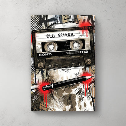 Sony EF60 cassette tape; "Old School" label; graffiti pop art background; red drip accents — canvas wall art print