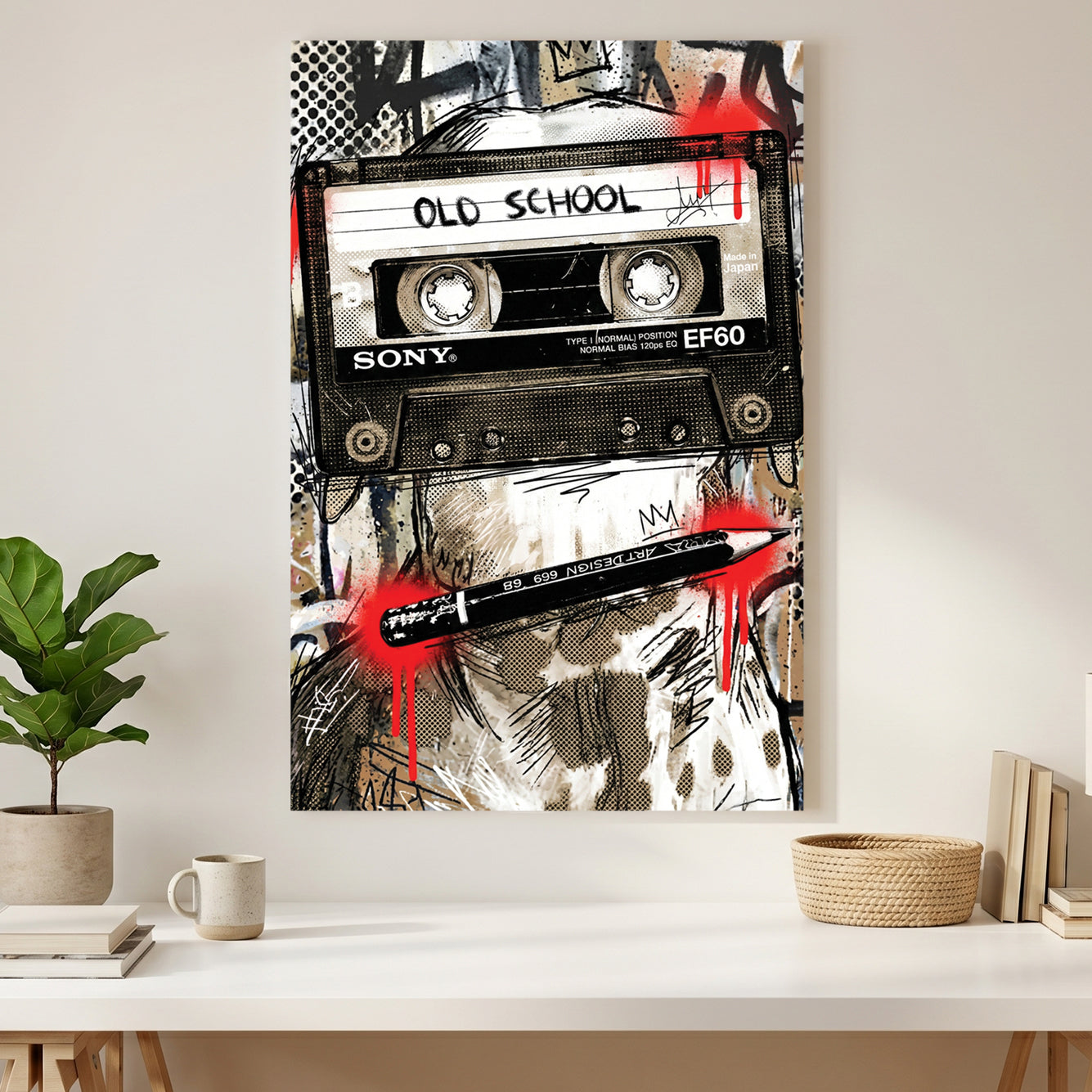 Old School Cassette Tape Pop Art canvas wall art print styled in a modern interior