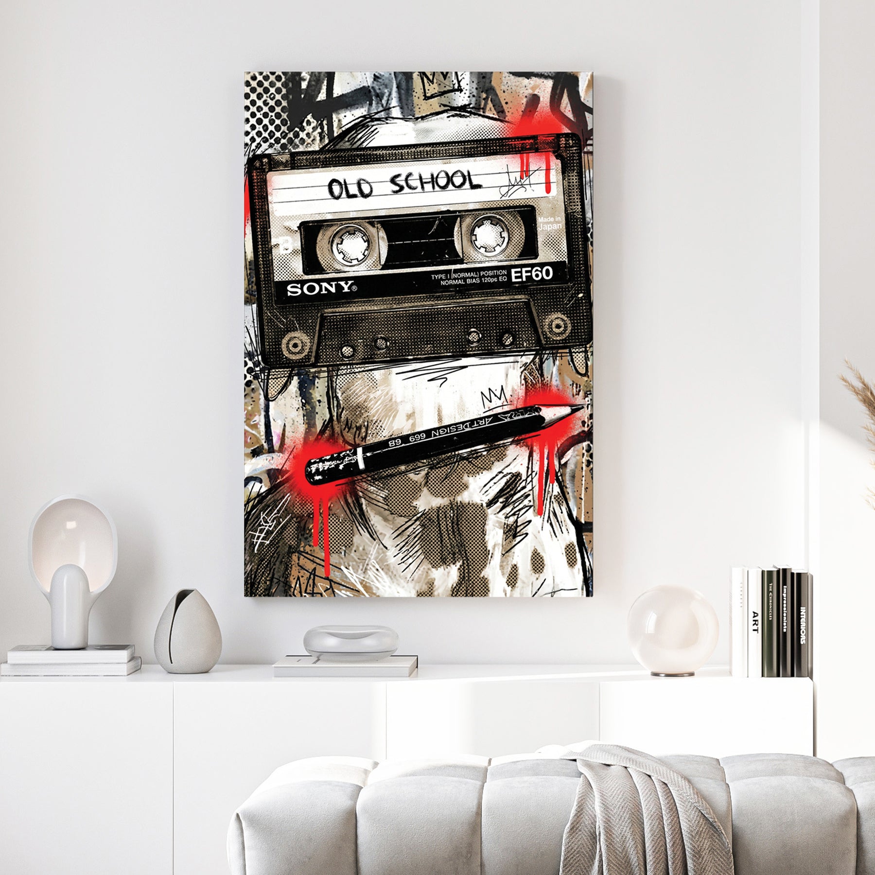 Old School Cassette Tape Pop Art canvas wall art print above a sofa in a contemporary living room