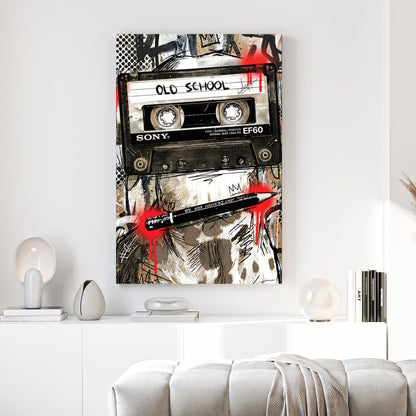 Old School Cassette Tape Pop Art canvas wall art print above a sofa in a contemporary living room