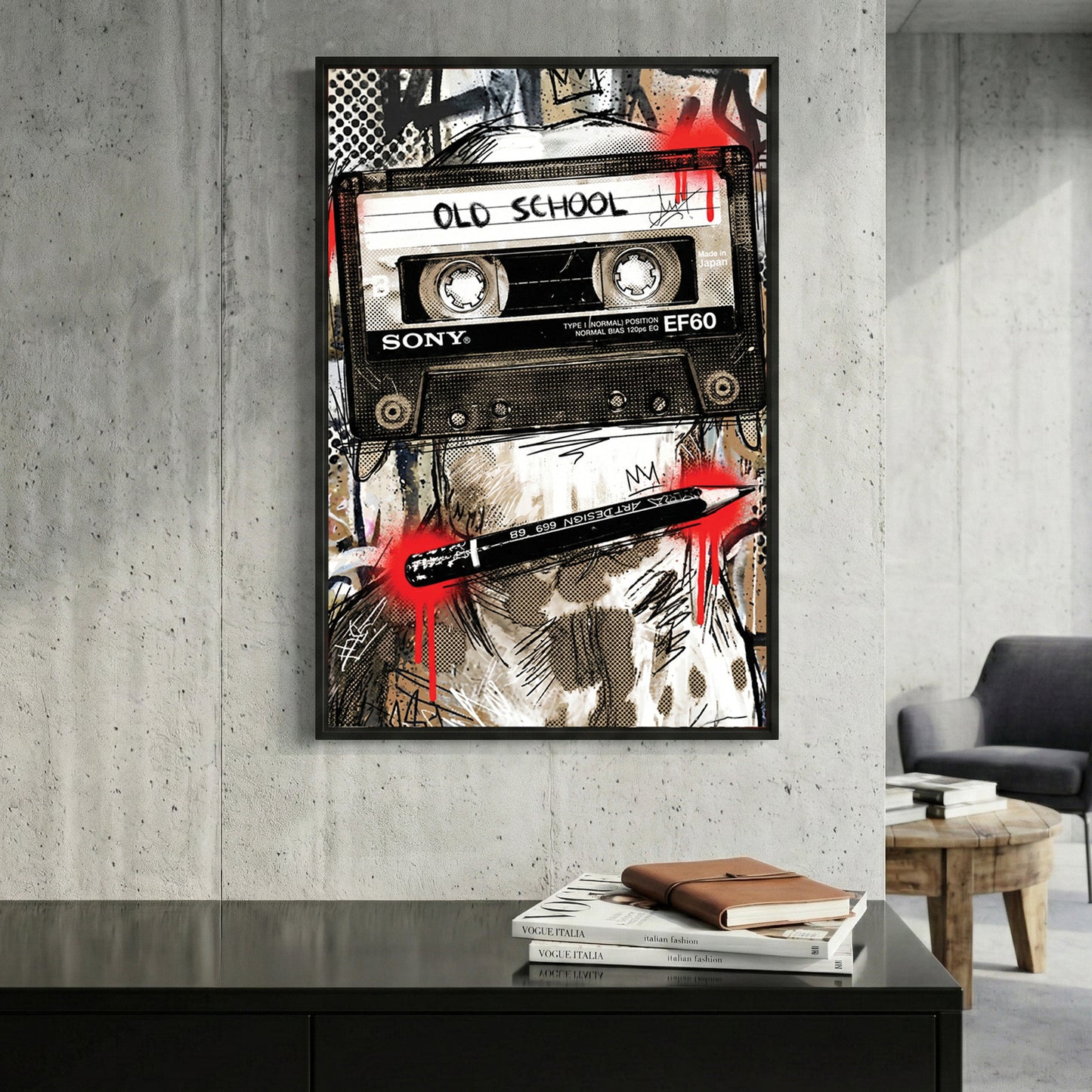 Old School Cassette Tape Pop Art framed canvas wall art print in a gallery-style display