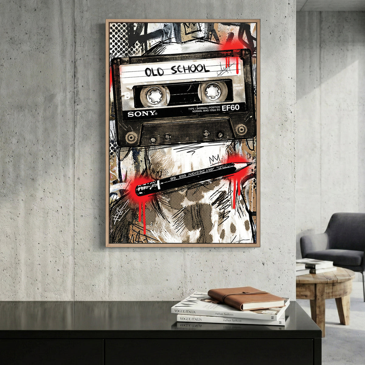Old School Cassette Tape Pop Art canvas wall art print displayed in a styled living room