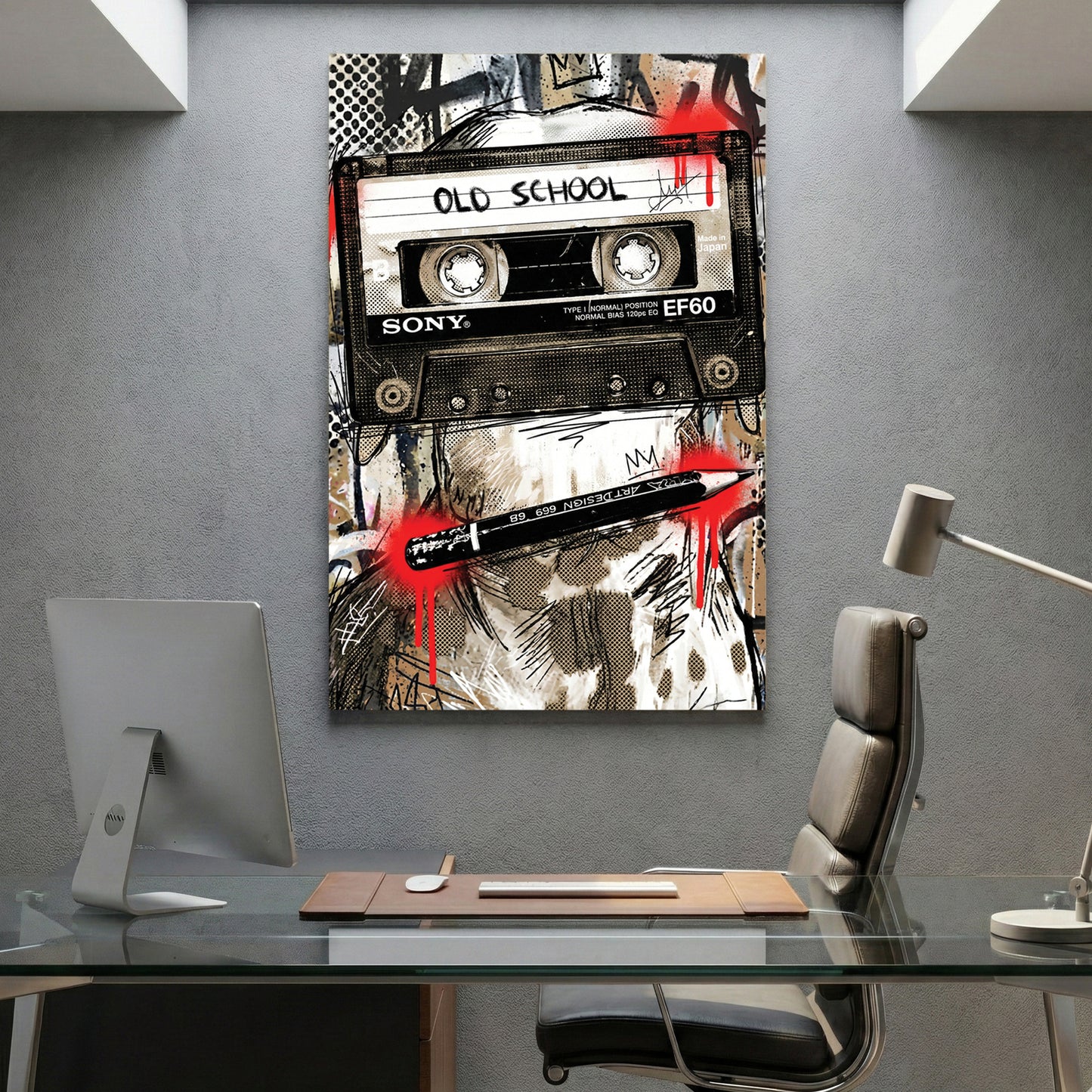 Old School Cassette Tape Pop Art canvas wall art print displayed in a styled living room