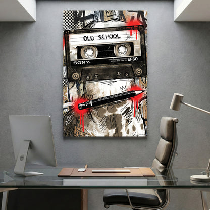 Old School Cassette Tape Pop Art canvas wall art print displayed in a styled living room
