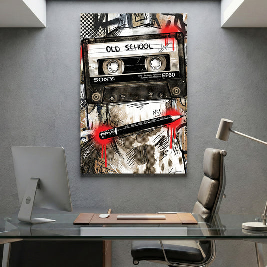 Old School Cassette Tape Pop Art canvas wall art print displayed in a styled living room