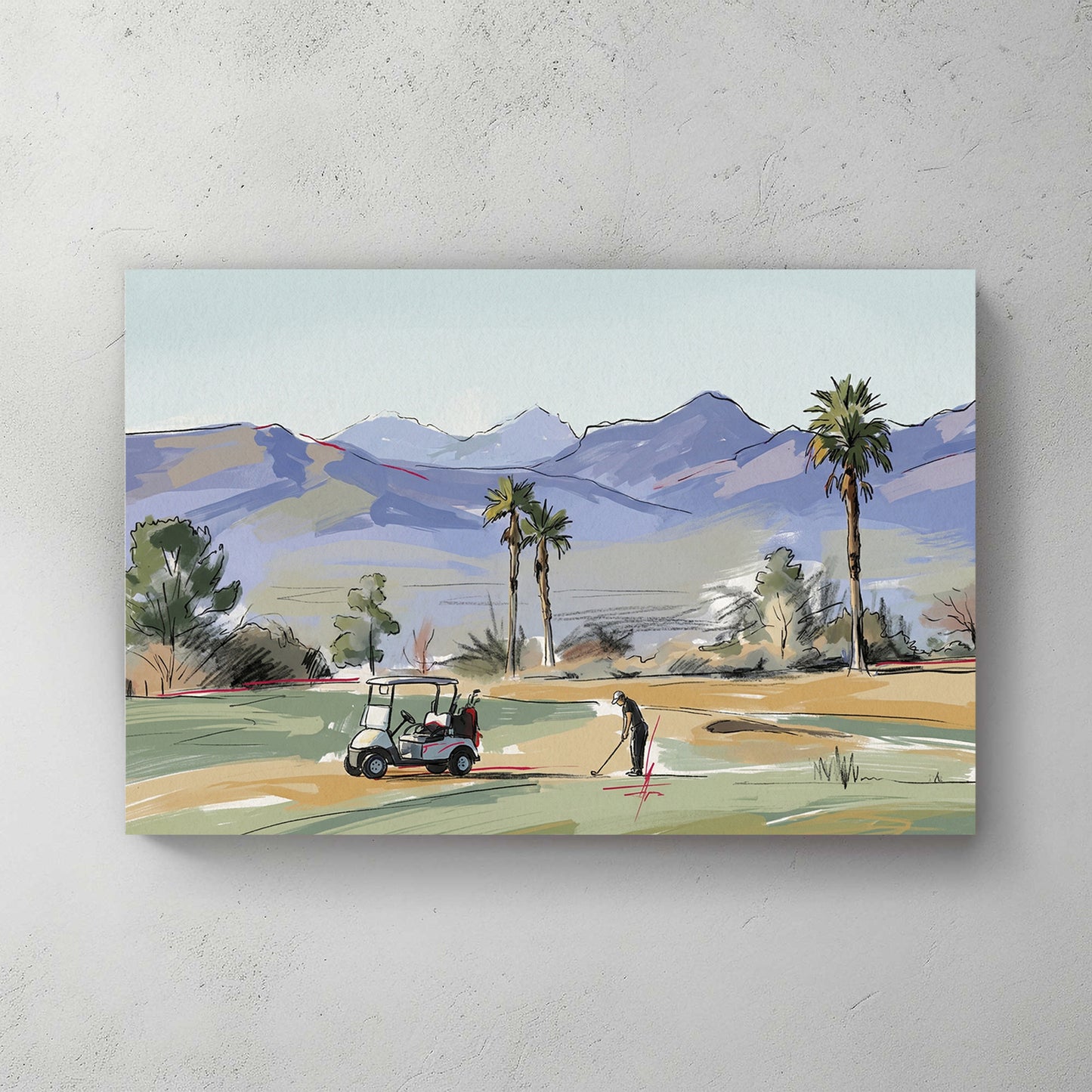 Desert golf course in loose watercolour style: two figures playing, white golf cart, palm trees, purple desert mountains, pale blue sky — canvas wall art print
