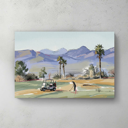 Desert golf course in loose watercolour style: two figures playing, white golf cart, palm trees, purple desert mountains, pale blue sky — canvas wall art print