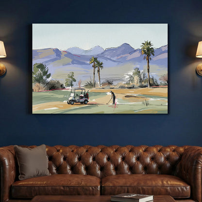 Palm Springs Desert Golf Course canvas wall art print above a sofa in a contemporary living room
