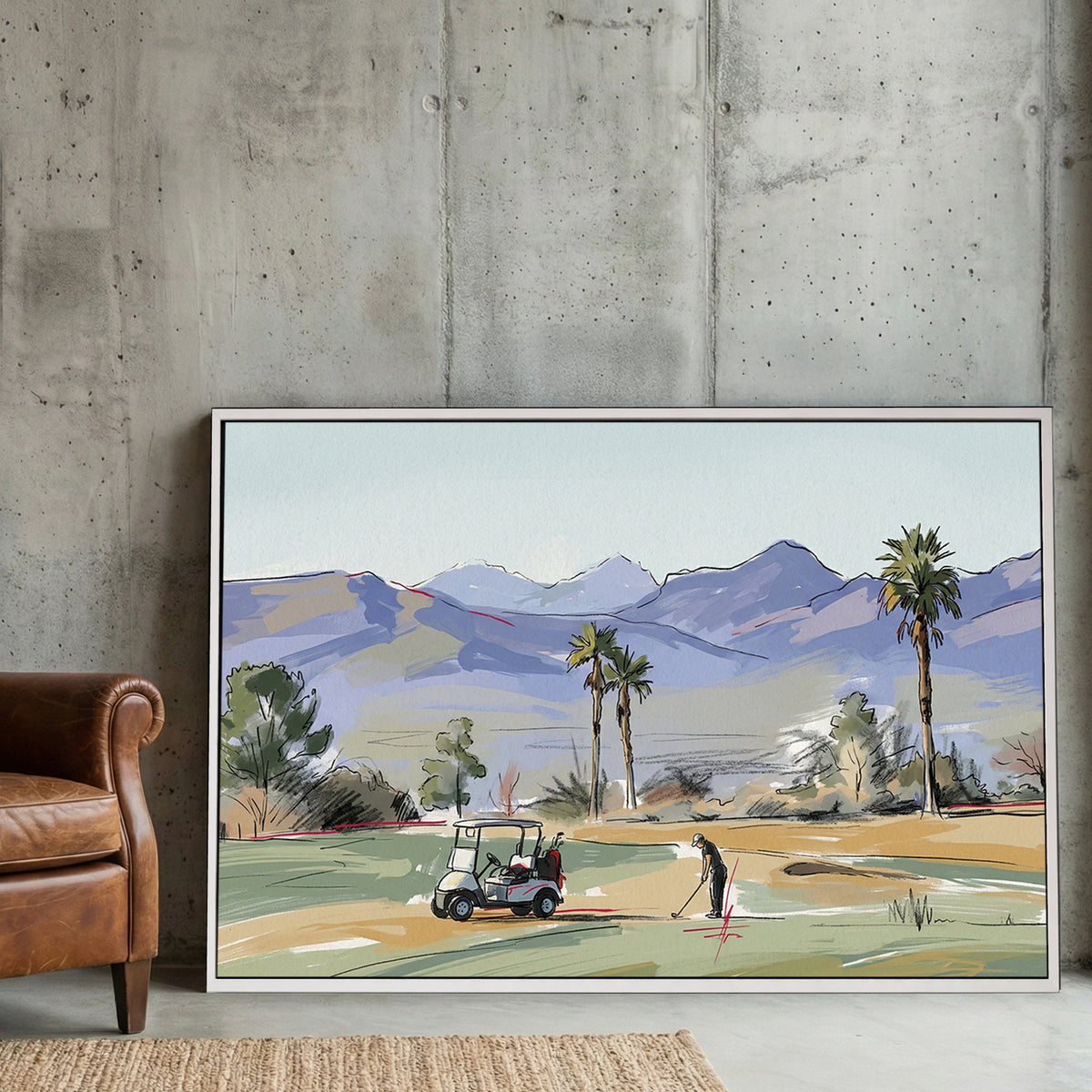 Palm Springs Desert Golf Course canvas wall art print displayed in a styled living room