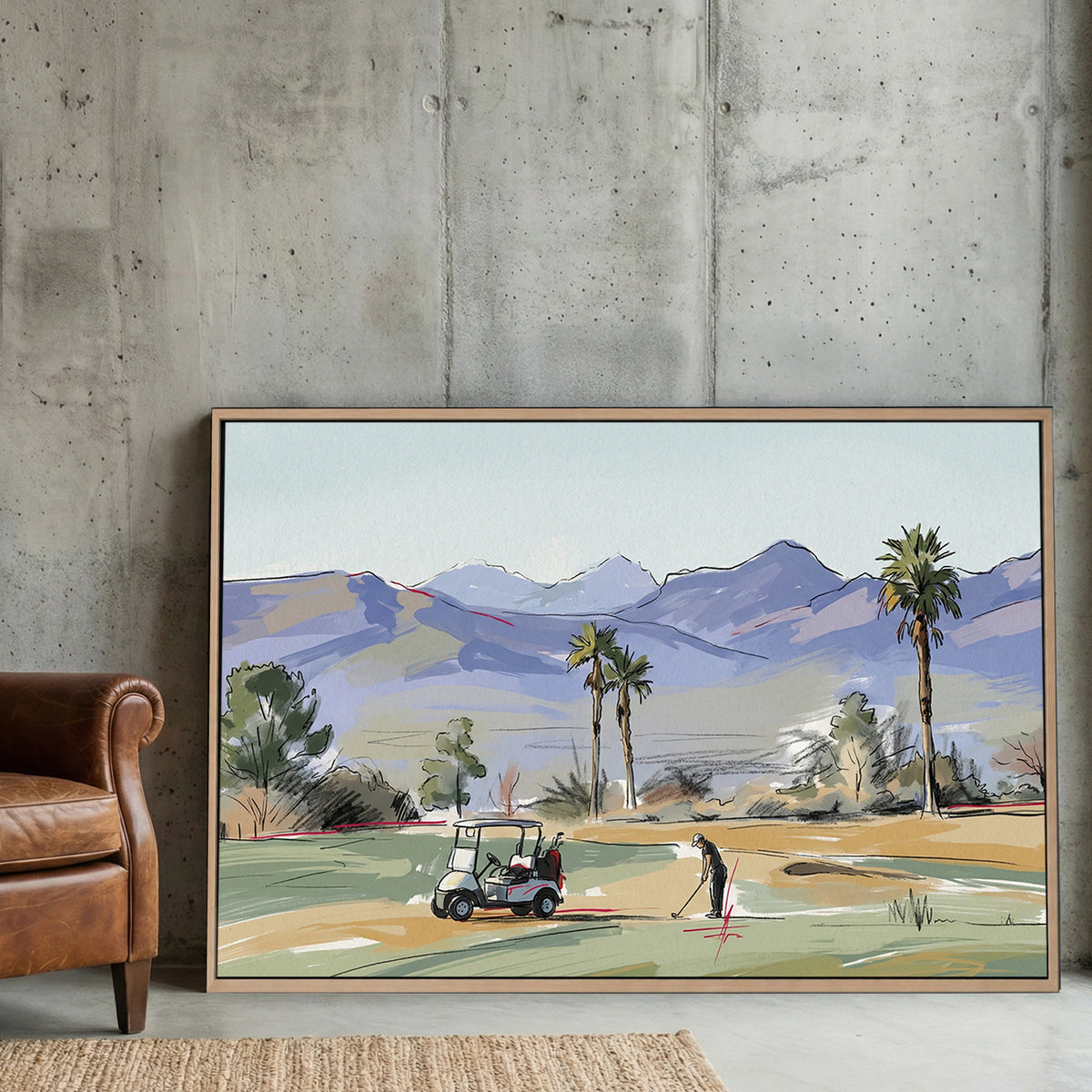 Palm Springs Desert Golf Course canvas wall art print displayed in a styled living room