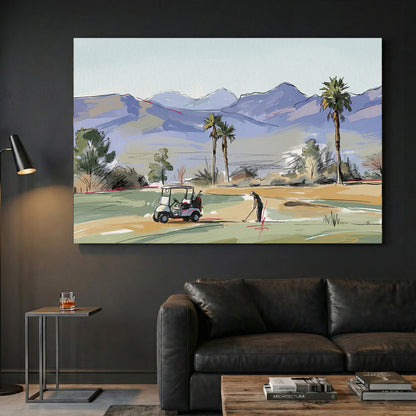 Palm Springs Desert Golf Course canvas wall art print displayed in a styled living room