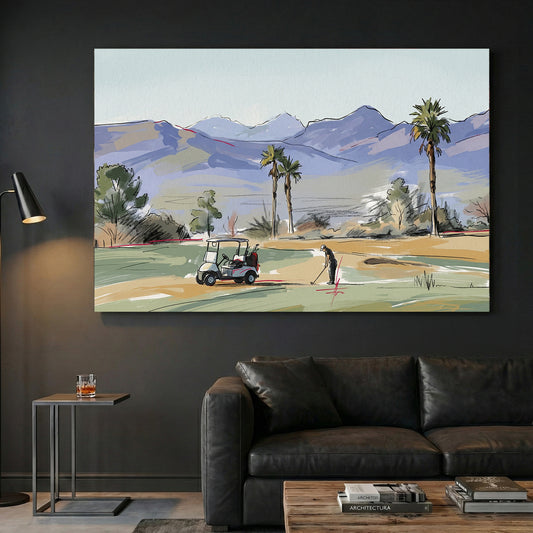 Palm Springs Desert Golf Course canvas wall art print displayed in a styled living room