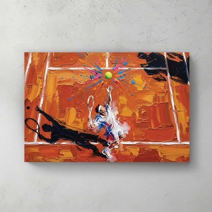 tennis player on orange clay court, overhead view, long shadow, splatter paint accents, oil painting style — canvas wall art print