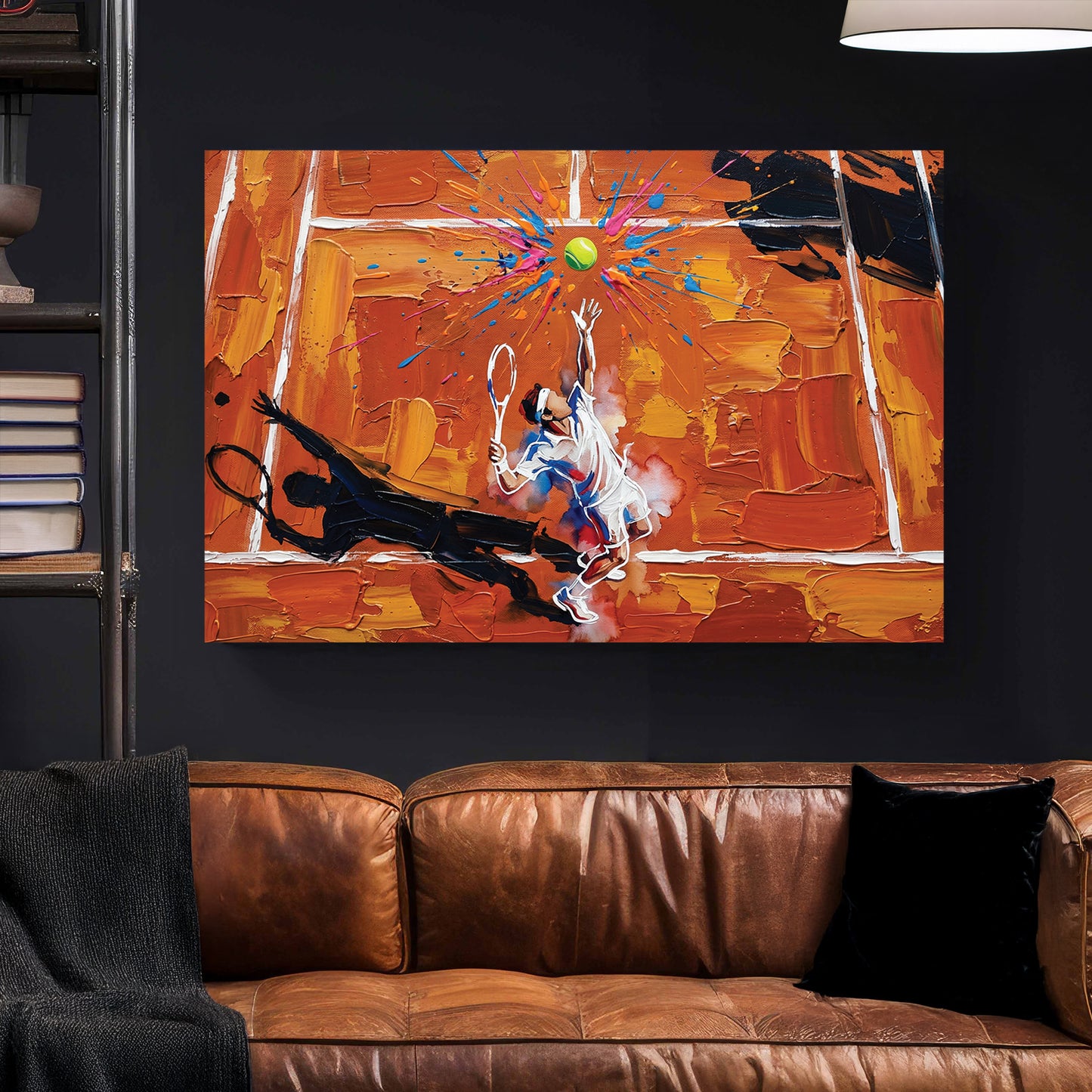 Tennis Player Clay Court Oil Painting canvas wall art print styled in a modern interior