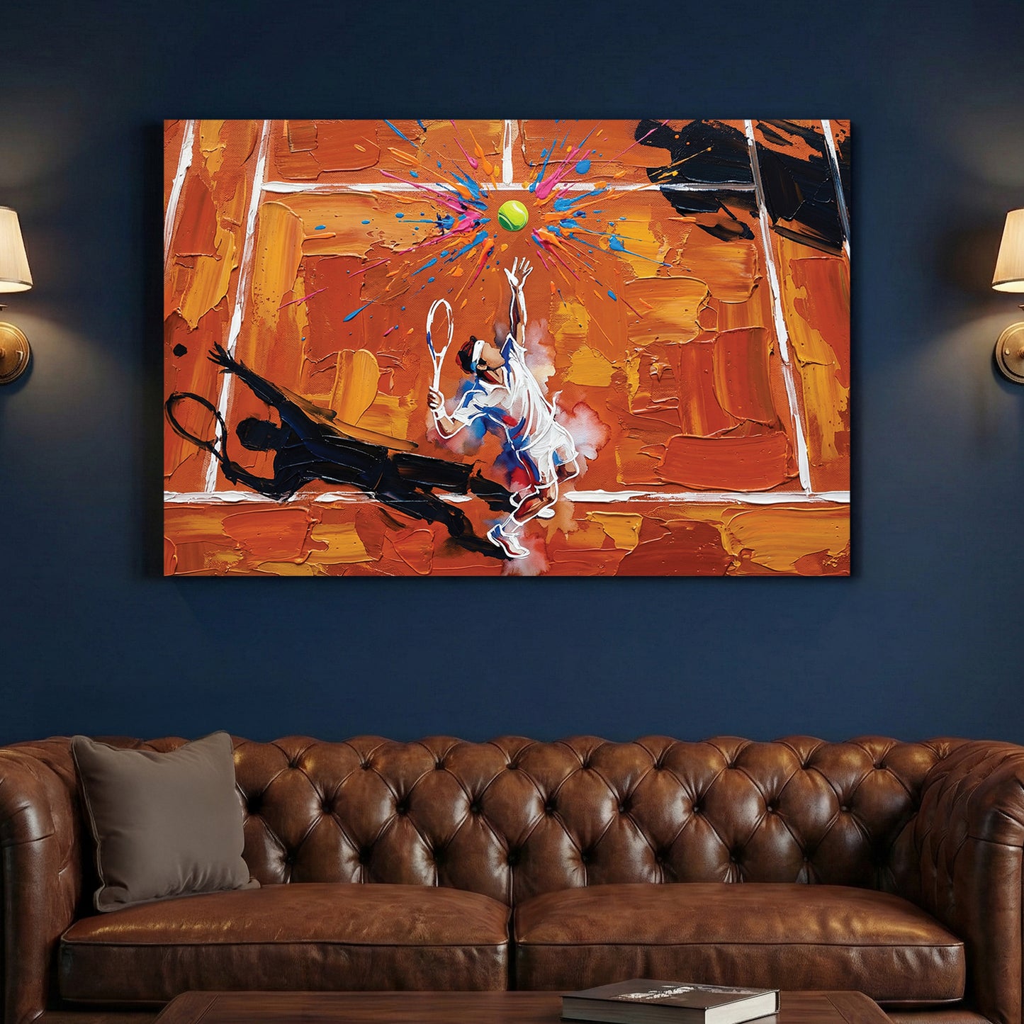 Tennis Player Clay Court Oil Painting canvas wall art print above a sofa in a contemporary living room