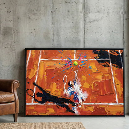 Tennis Player Clay Court Oil Painting framed canvas wall art print in a gallery-style display