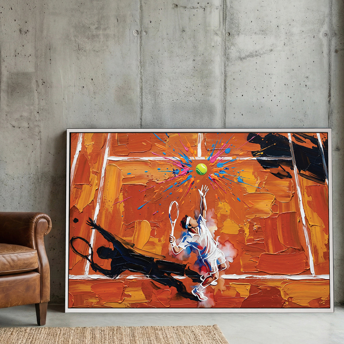 Tennis Player Clay Court Oil Painting canvas wall art print displayed in a styled living room