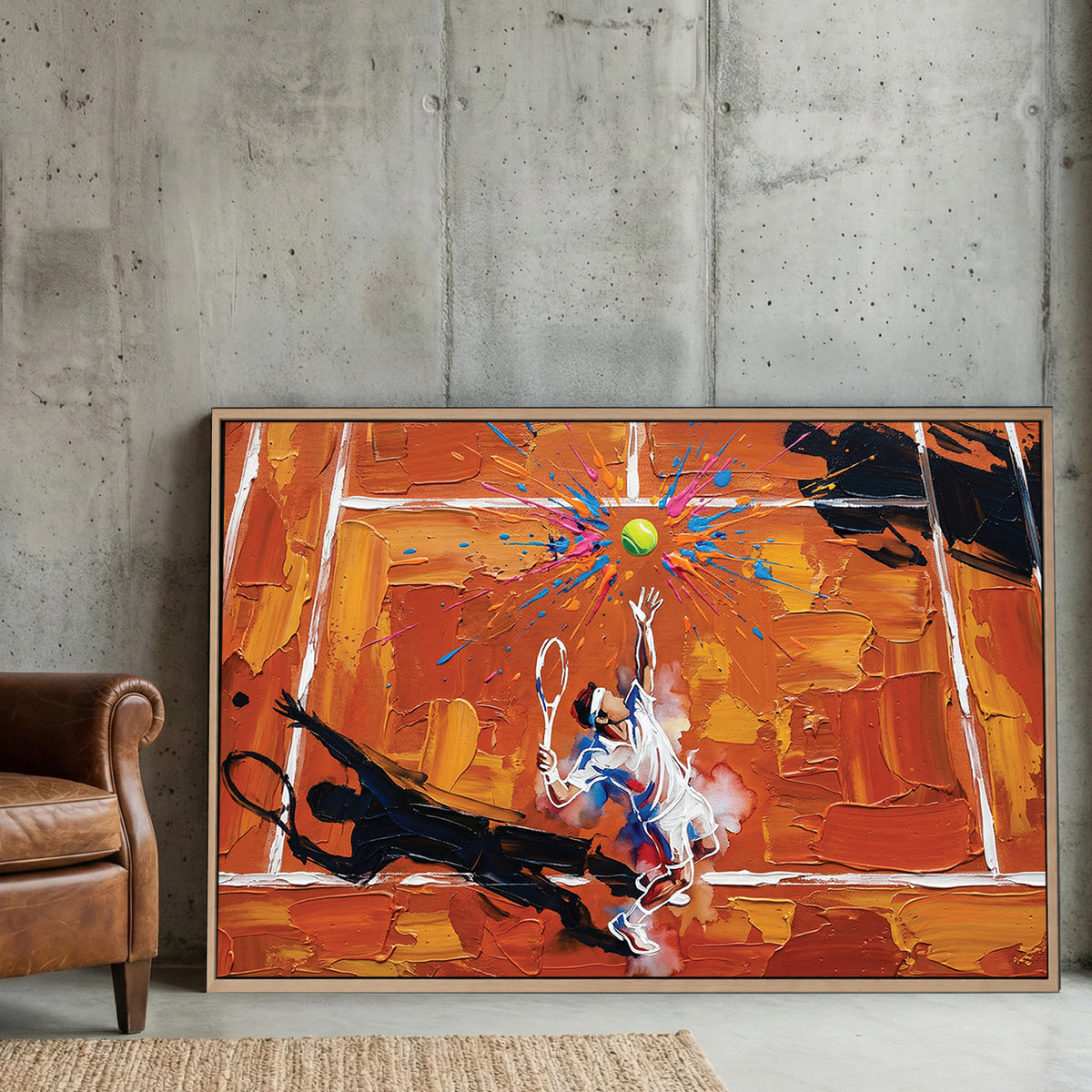 Tennis Player Clay Court Oil Painting canvas wall art print displayed in a styled living room