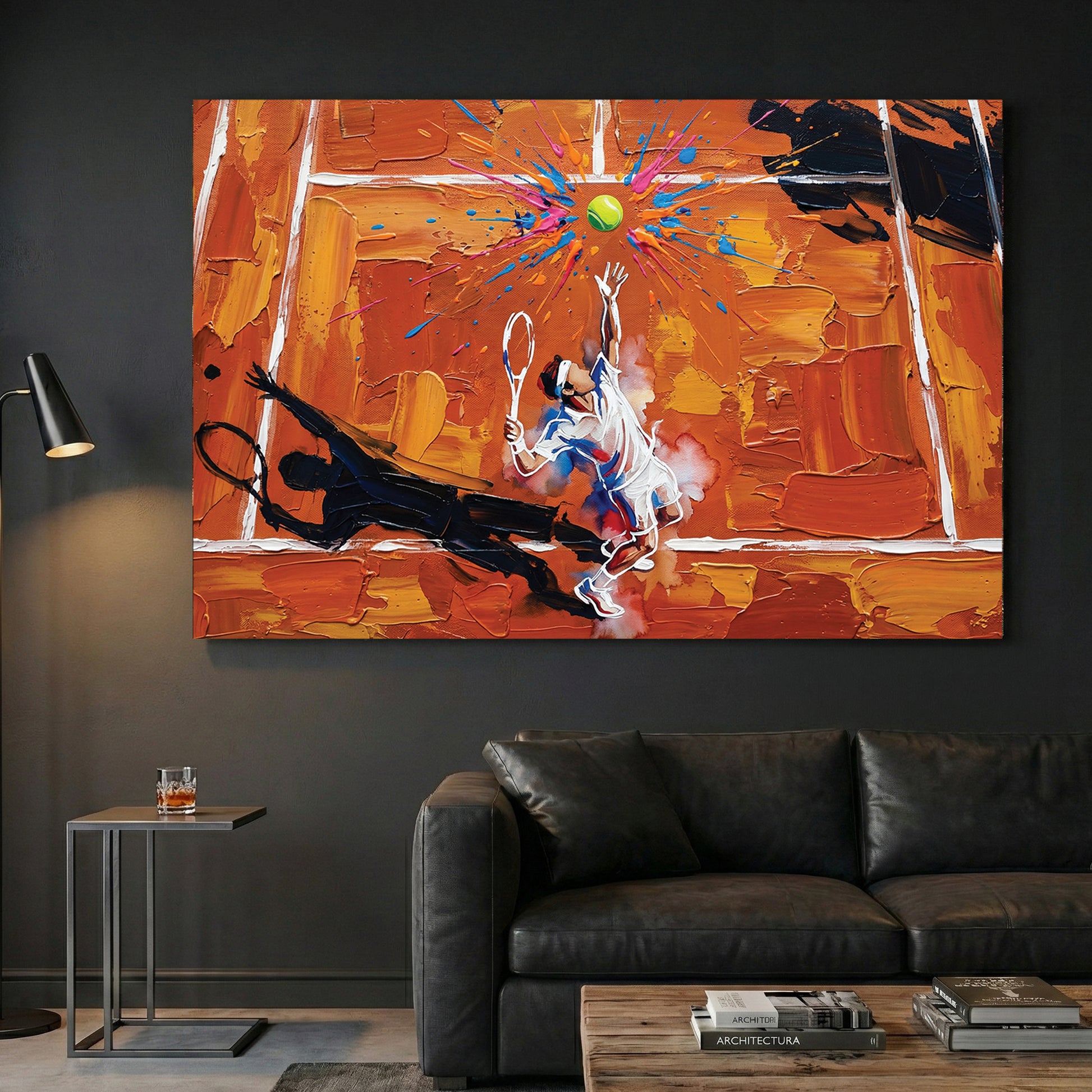 Tennis Player Clay Court Oil Painting canvas wall art print displayed in a styled living room
