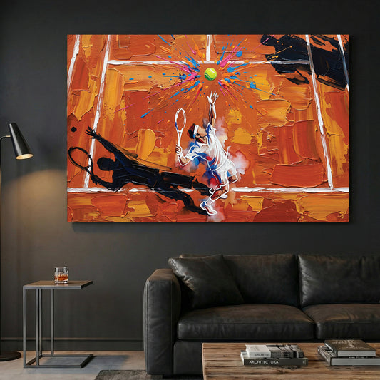 Tennis Player Clay Court Oil Painting canvas wall art print displayed in a styled living room