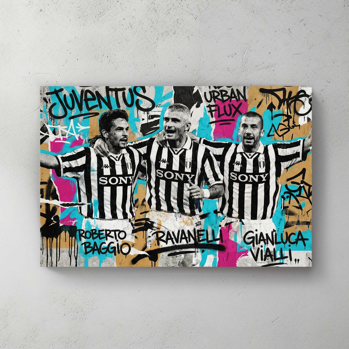 Three Juventus legends in striped Sony jerseys (Baggio, Ravanelli, Vialli) on concrete wall with teal, pink, ochre graffiti — canvas wall art print