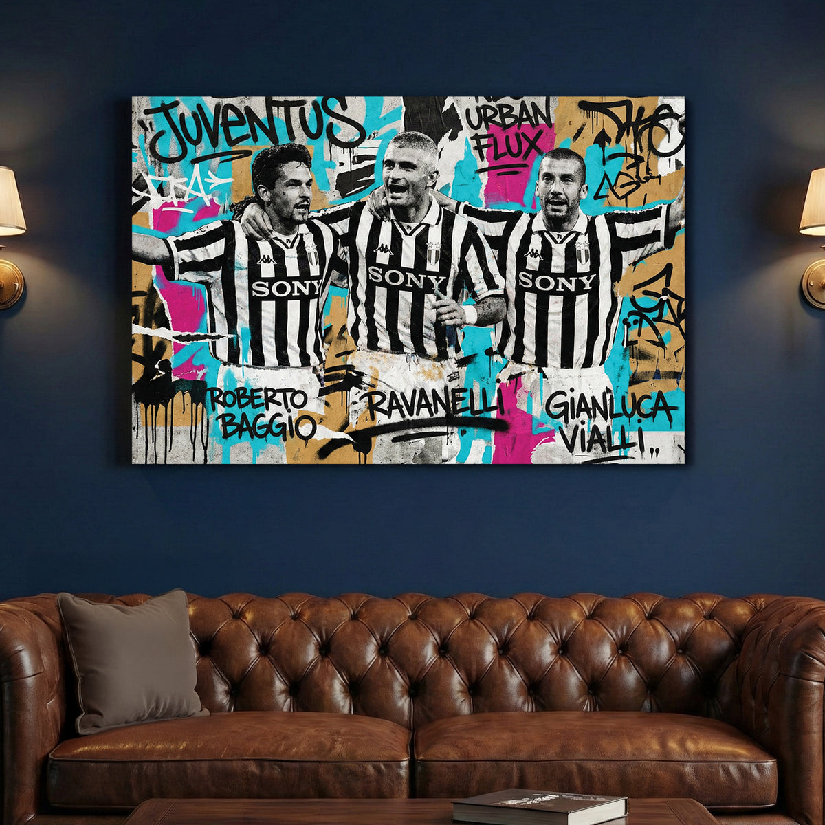 Juventus Legends Graffiti canvas wall art print above a sofa in a contemporary living room