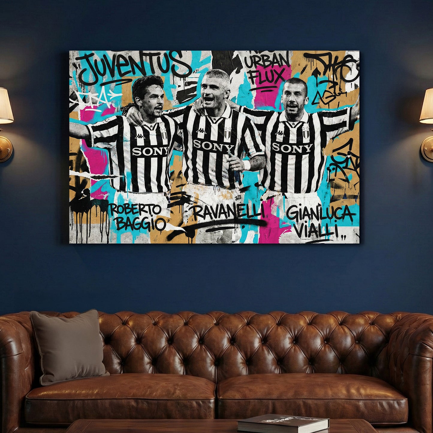 Juventus Legends Graffiti canvas wall art print above a sofa in a contemporary living room