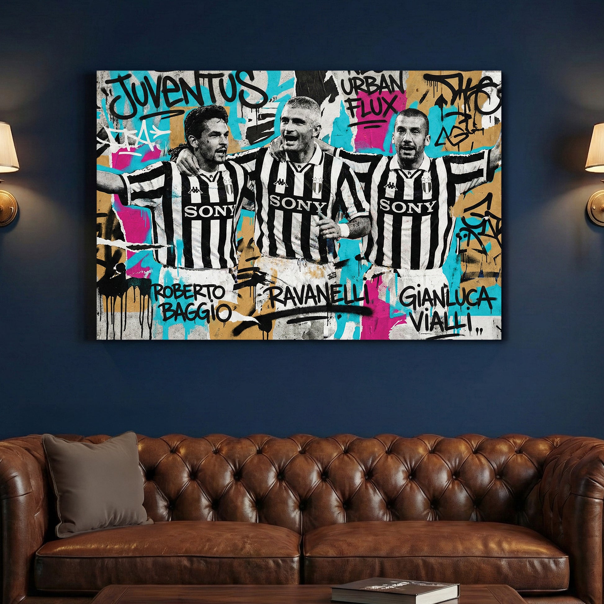 Juventus Legends Graffiti canvas wall art print above a sofa in a contemporary living room