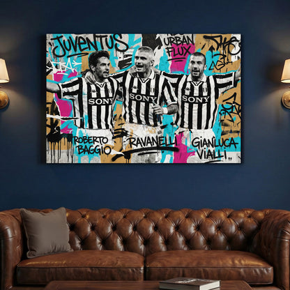 Juventus Legends Graffiti canvas wall art print above a sofa in a contemporary living room