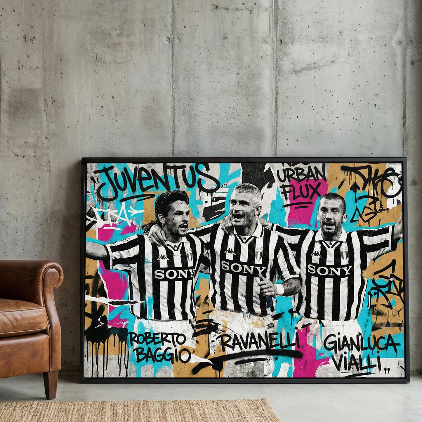 Juventus Legends Graffiti framed canvas wall art print in a gallery-style display