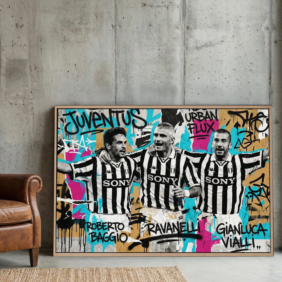 Juventus Legends Graffiti canvas wall art print displayed in a styled living room
