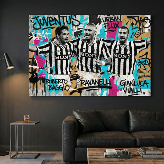 Juventus Legends Graffiti canvas wall art print displayed in a styled living room