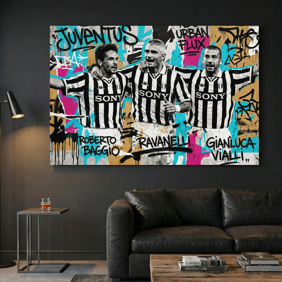 Juventus Legends Graffiti canvas wall art print displayed in a styled living room