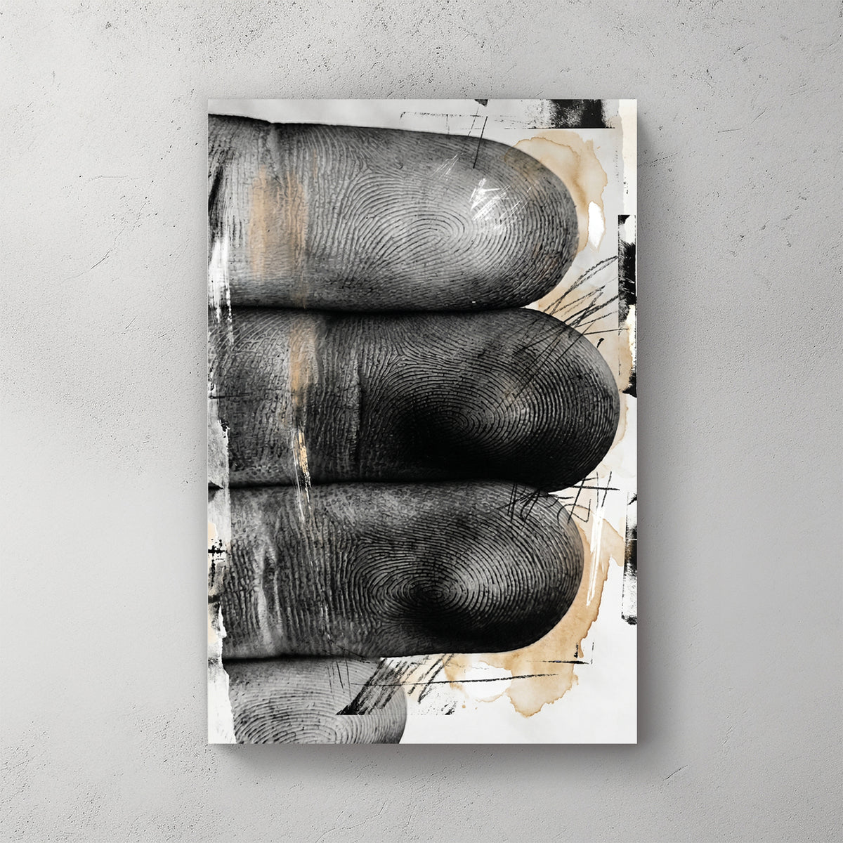 Three large fingers/digits, black and white, abstract texture, vintage paper background — canvas wall art print