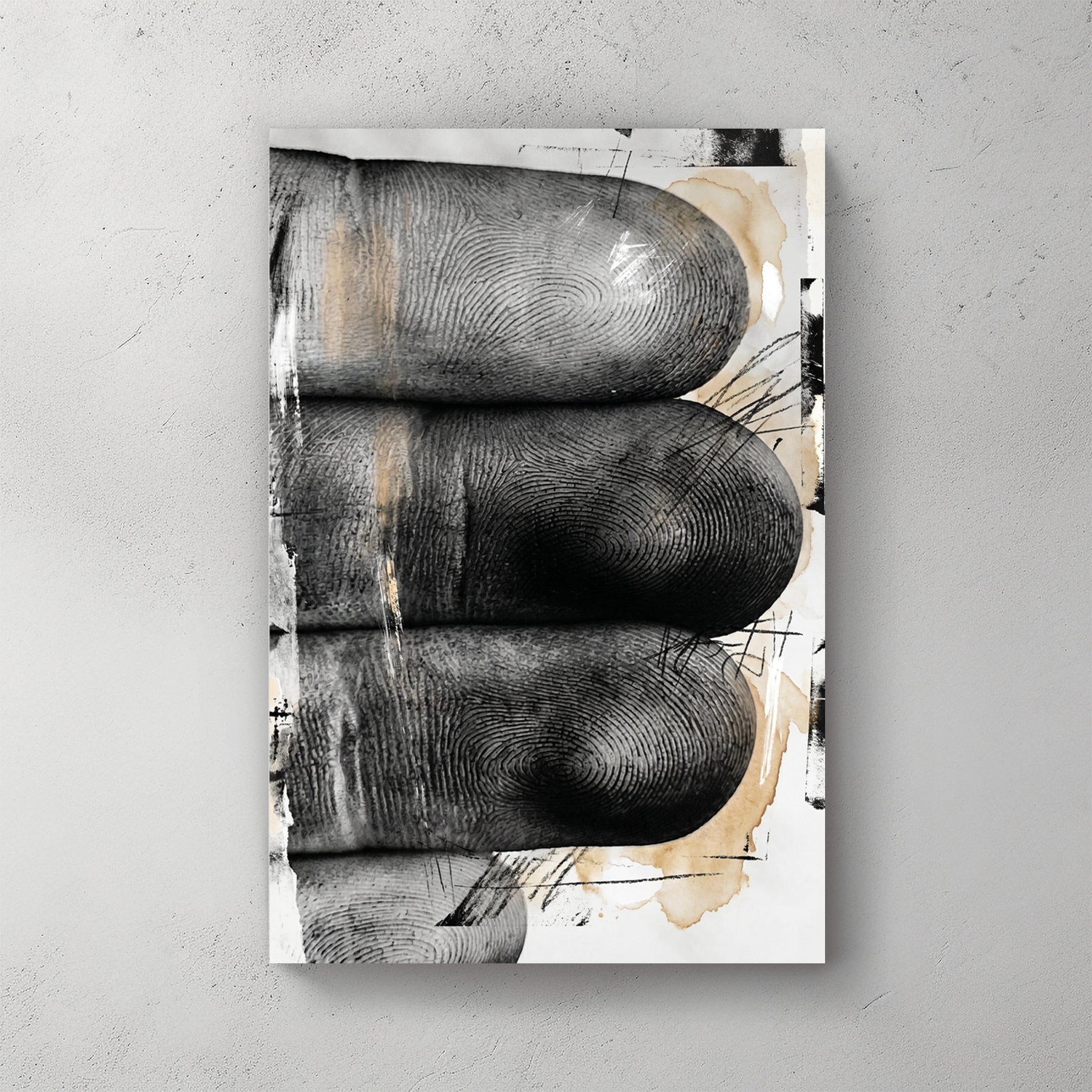 Three large fingers/digits, black and white, abstract texture, vintage paper background — canvas wall art print
