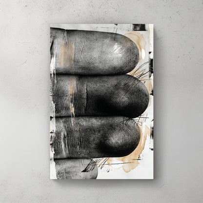 Three large fingers/digits, black and white, abstract texture, vintage paper background — canvas wall art print