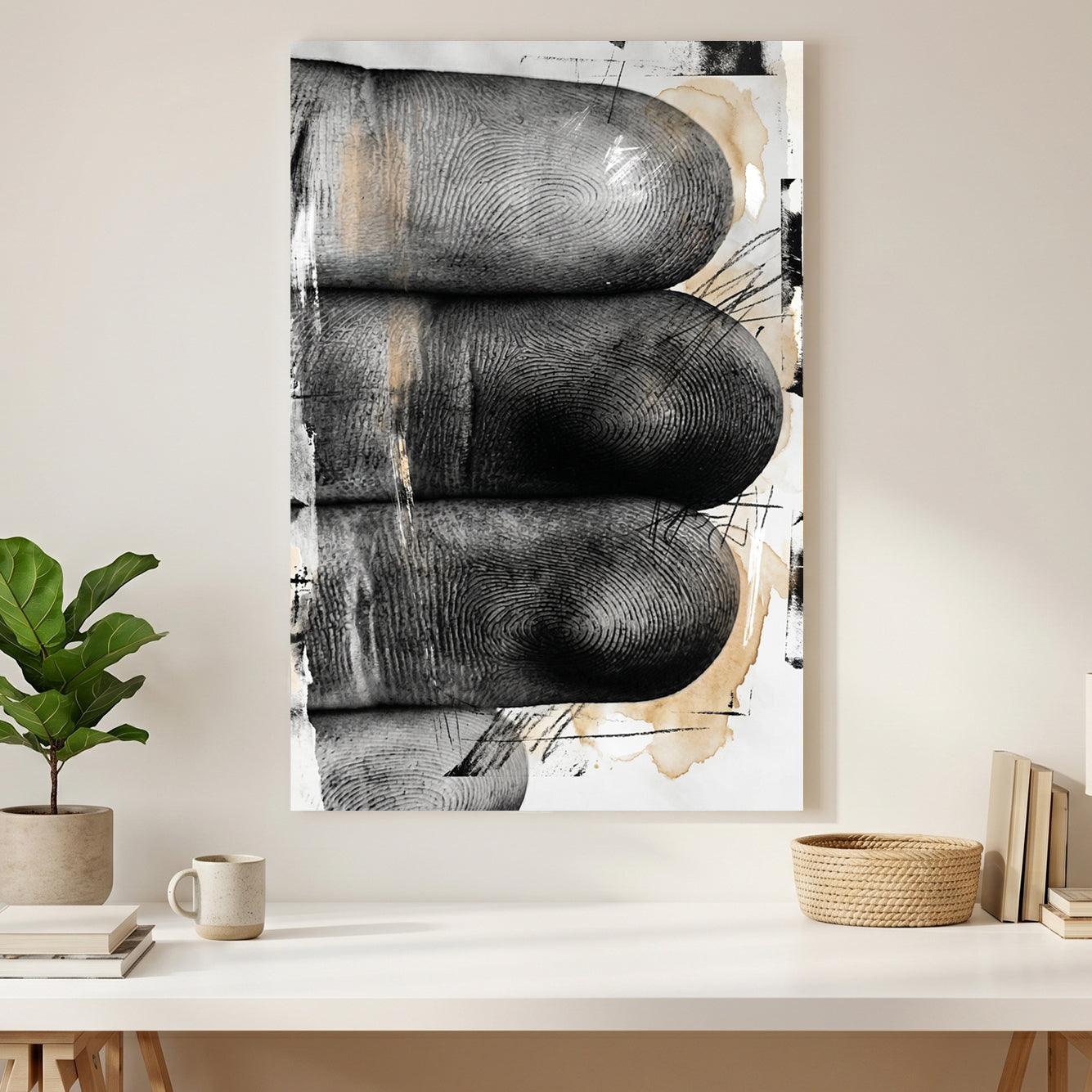 Hands Fingers Abstract Painting canvas wall art print styled in a modern interior