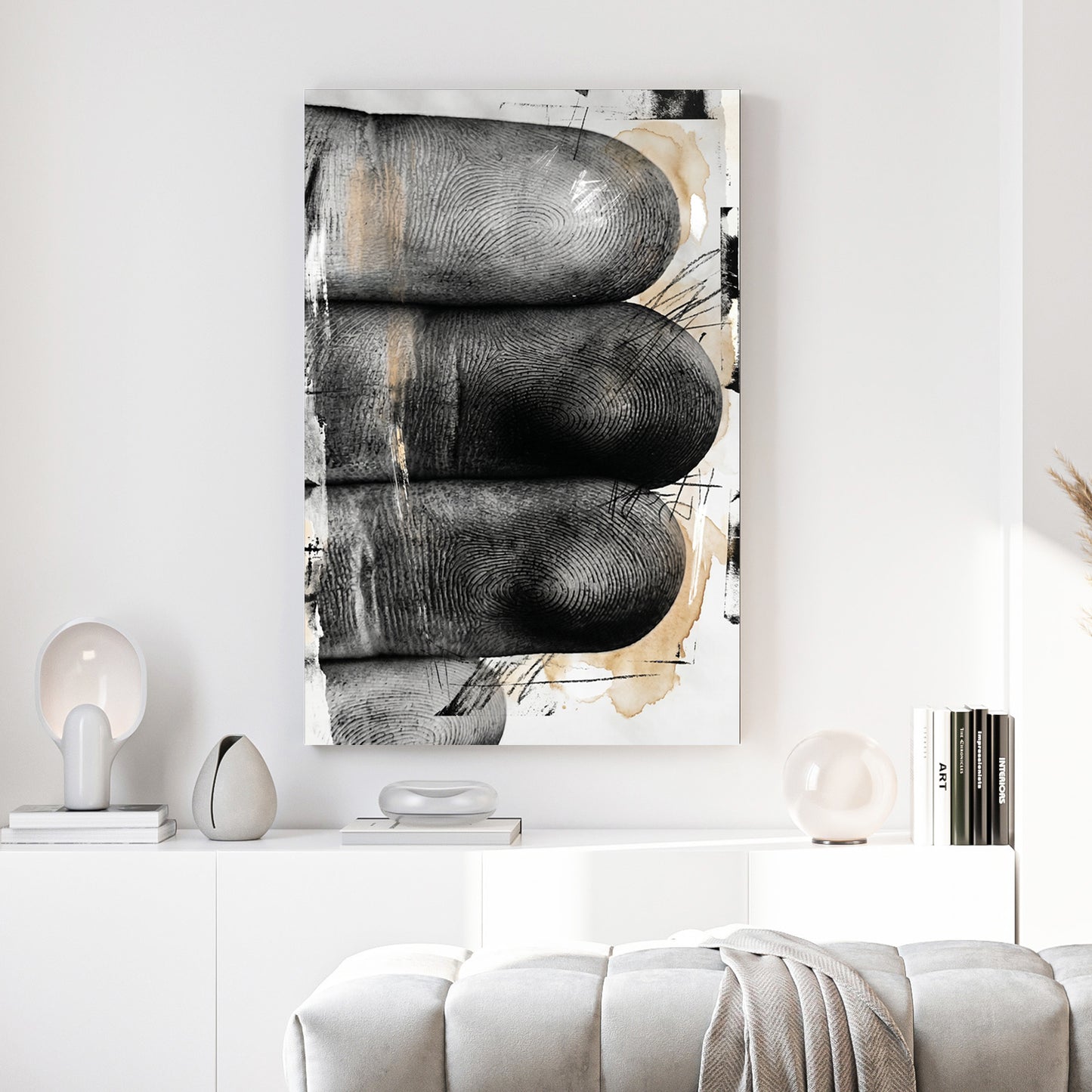 Hands Fingers Abstract Painting canvas wall art print above a sofa in a contemporary living room