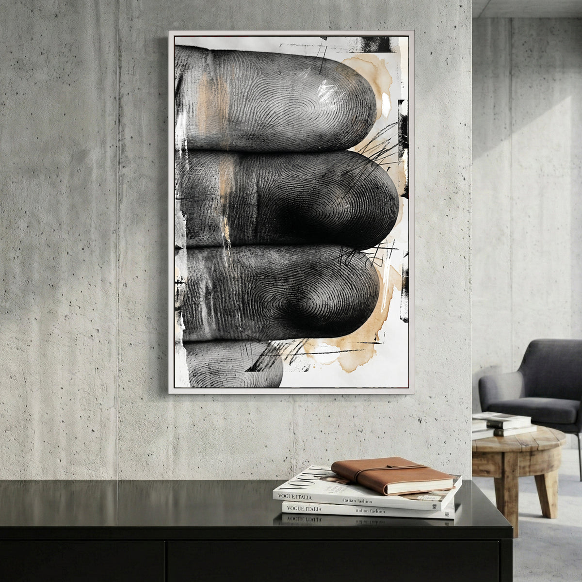 Hands Fingers Abstract Painting canvas wall art print displayed in a styled living room