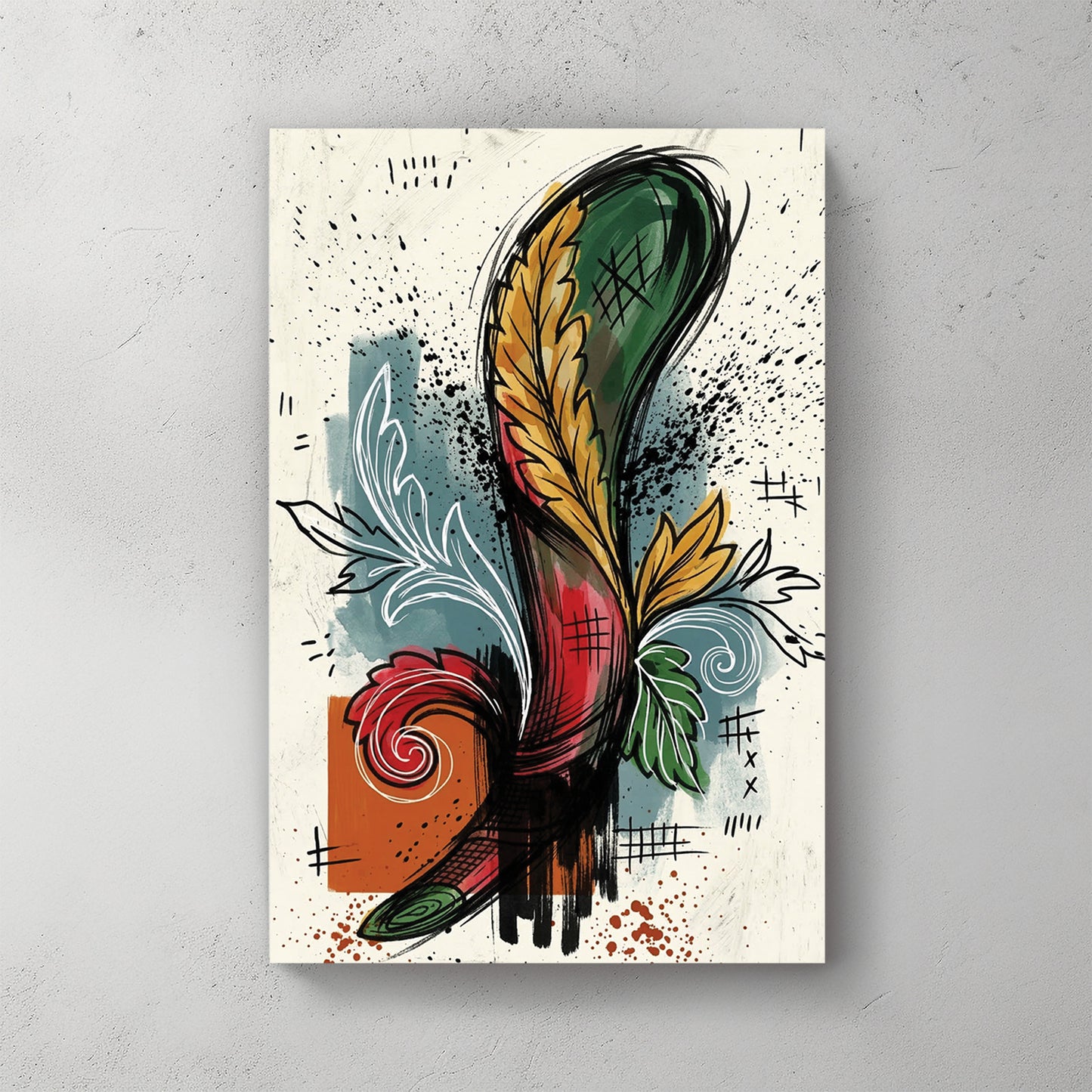Asso di Mazze Italian playing card, club staff with leaves, red green yellow, ink sketch style — canvas wall art print